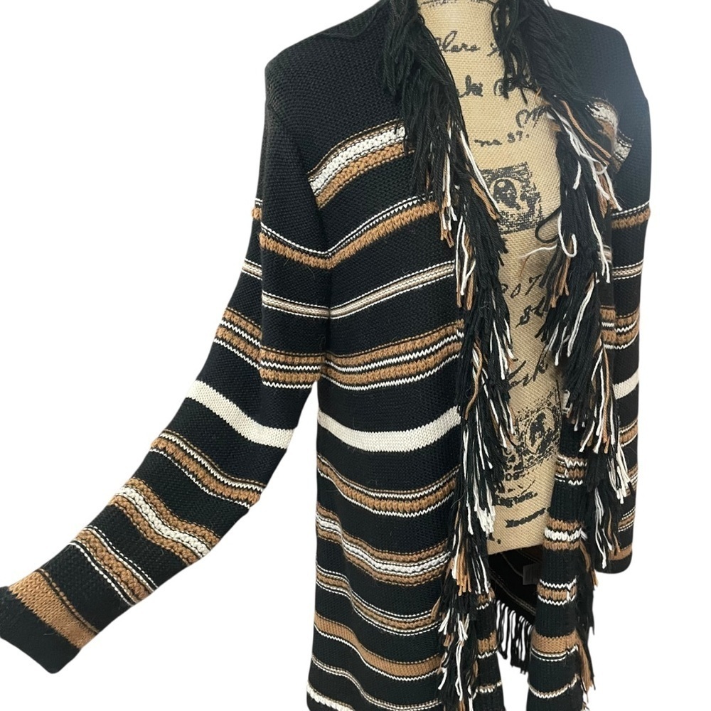 Johnny Was Ada Striped Cardigan Black Striped Fringe Alpaca Wool Size Large - Picture 4 of 9